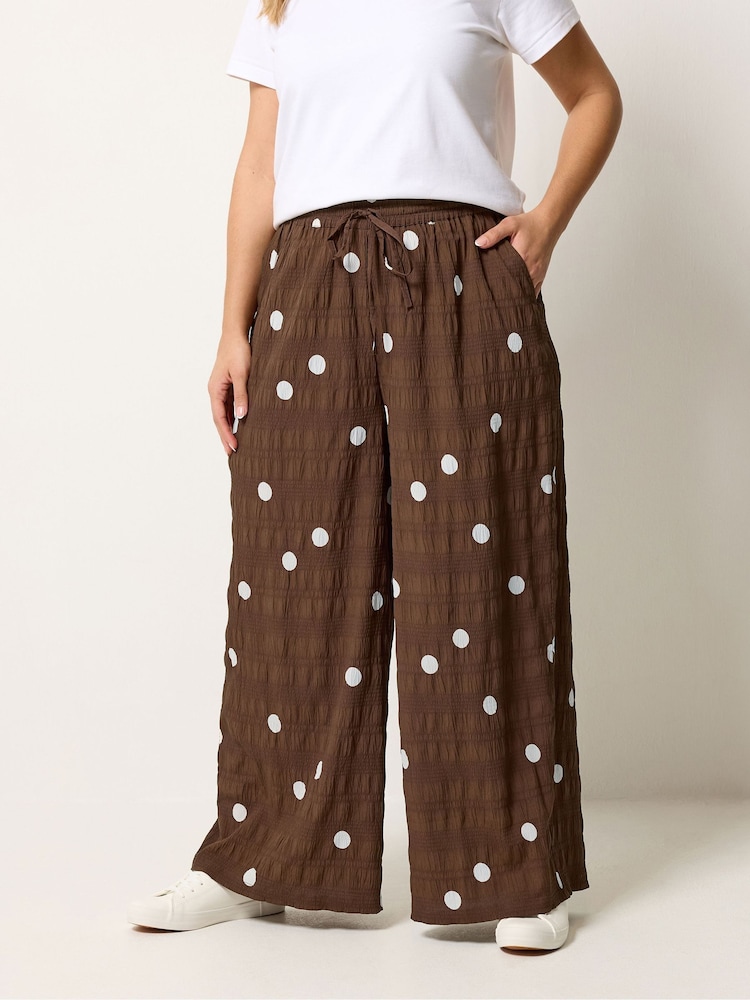 Yours Curve Brown Polka Dot Woven Printed Trousers - Image 1 of 5