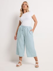 Yours Curve Blue Stripe Linen Look Cropped Trousers - Image 1 of 5