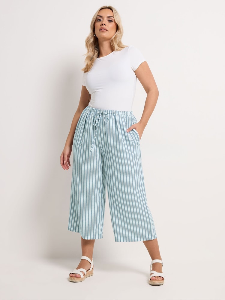 Yours Curve Blue Stripe Linen Look Cropped Trousers - Image 1 of 5