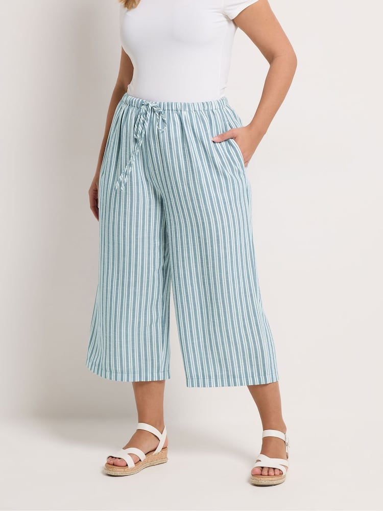 Yours Curve Blue Stripe Linen Look Cropped Trousers - Image 2 of 5