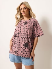 Yours Curve Brown Sun Patch Stepped Hem Boxy T-Shirt - Image 1 of 5