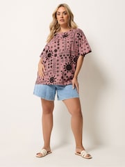 Yours Curve Brown Sun Patch Stepped Hem Boxy T-Shirt - Image 2 of 5