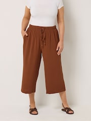 חום - Yours Curve Washed Twill Culotte Trousers - תמונה 1 מתוך 5