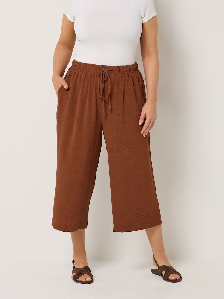חום - Yours Curve Washed Twill Culotte Trousers - תמונה 1 מתוך 5