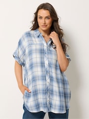 Yours Curve Blue Short Sleeve Check Shirt - Image 1 of 5