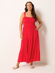 Yours Curve Red Shirred Maxi Dress - Image 1 of 5