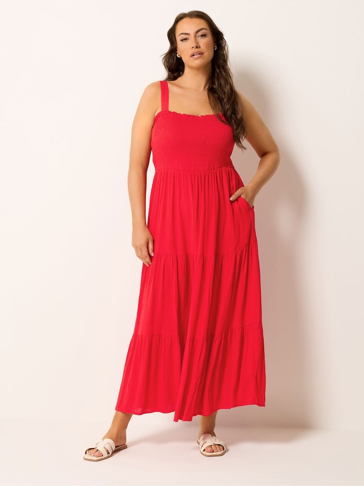 Yours Curve Red Shirred Maxi Dress - Image 1 of 5