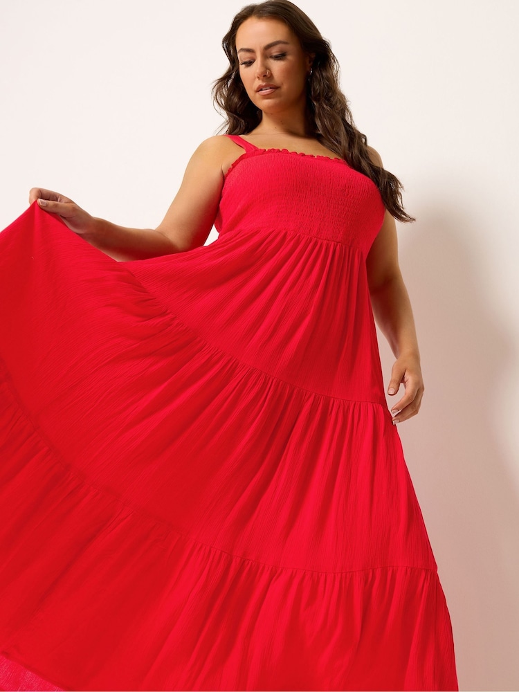 Yours Curve Red Shirred Maxi Dress - Image 2 of 5