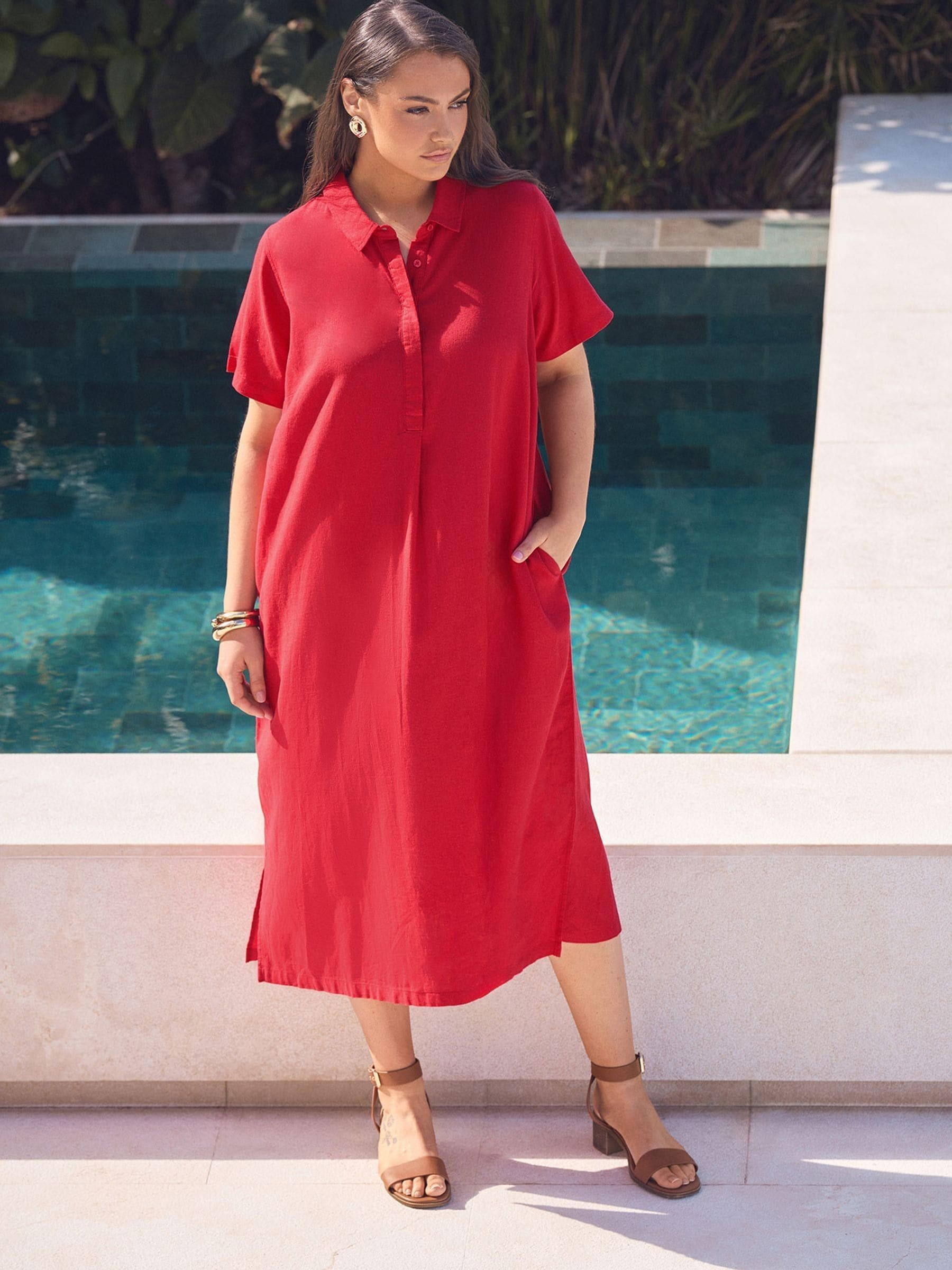 Evans Women's Red Premium Linen Shirt Dress