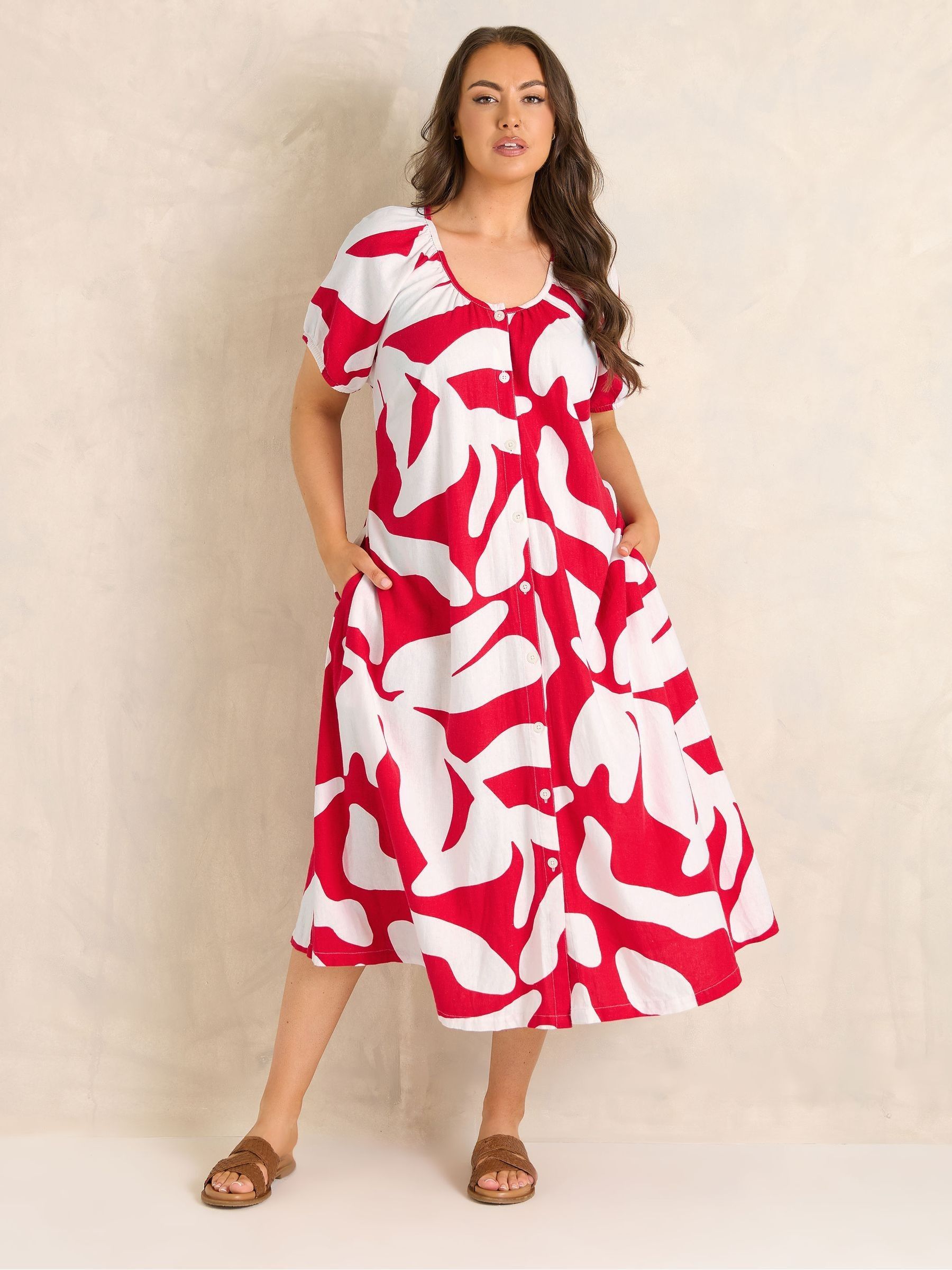 Evans Women's Red Premium Linen Abstract Print Maxi Dress