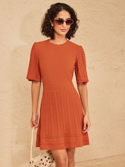 Love & Roses Marmalade Orange Scalloped Crew Neck Cotton Rich Knitted Mini Dress - Image 1 of 5