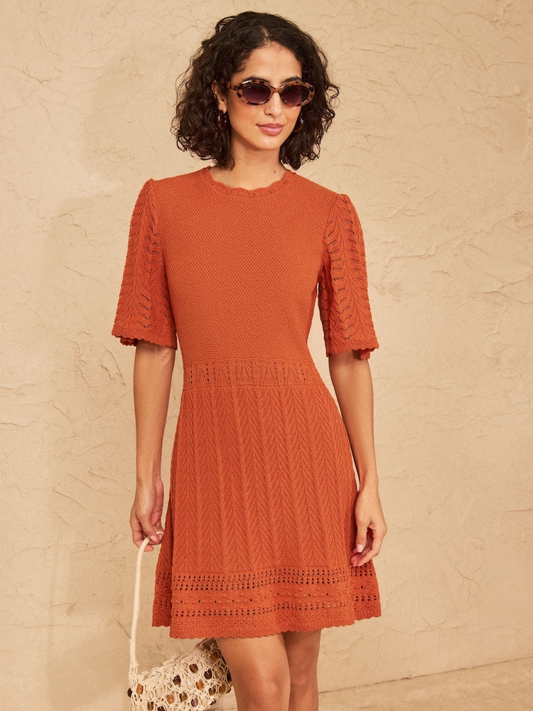Love & Roses Marmalade Orange Scalloped Crew Neck Cotton Rich Knitted Mini Dress - Image 1 of 5 Love & Roses Marmalade Orange Scalloped Crew Neck Cotton Rich Knitted Mini Dress - Image 1 of 5