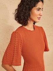 Love & Roses Marmalade Orange Scalloped Crew Neck Cotton Rich Knitted Mini Dress - Image 2 of 5