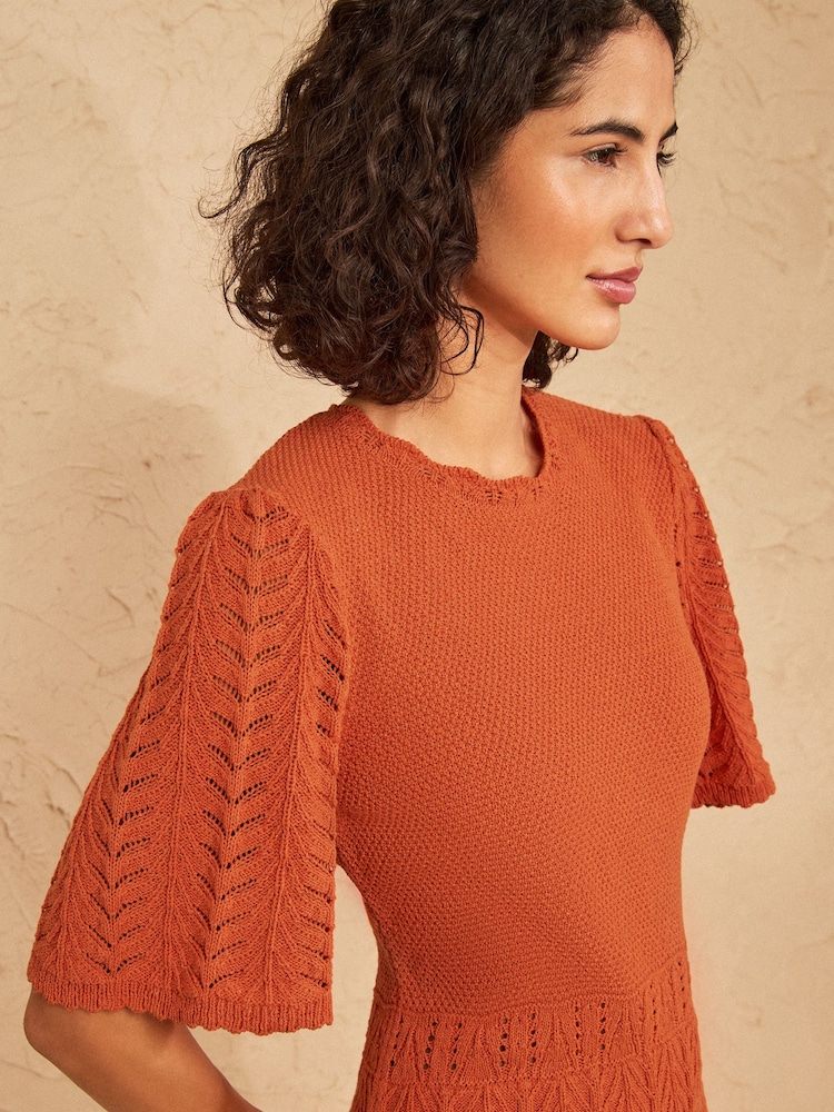 Love & Roses Marmalade Orange Scalloped Crew Neck Cotton Rich Knitted Mini Dress - Image 2 of 5 Love & Roses Marmalade Orange Scalloped Crew Neck Cotton Rich Knitted Mini Dress - Image 2 of 5