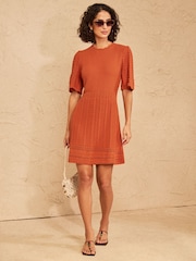 Love & Roses Marmalade Orange Scalloped Crew Neck Cotton Rich Knitted Mini Dress - Image 3 of 5