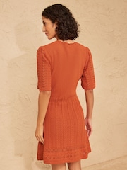 Love & Roses Marmalade Orange Scalloped Crew Neck Cotton Rich Knitted Mini Dress - Image 4 of 5