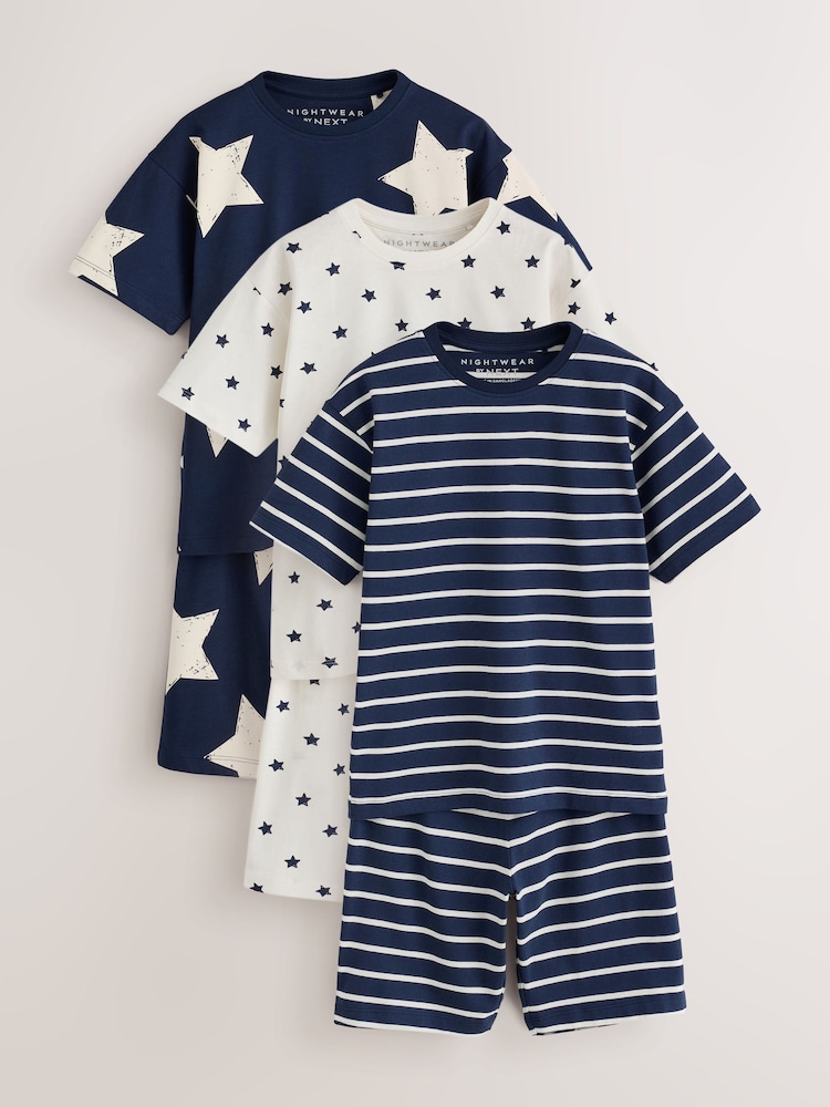 Navy/White Stripe Short Pyjamas 3 Pack (9mths-12yrs) - Image 1 of 7 Navy/White Stripe Short Pyjamas 3 Pack (9mths-12yrs) - Image 1 of 7