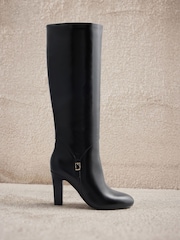 Lipsy Black Faux Leather Knee High Heeled Buckle Trim Boots - Image 3 of 7