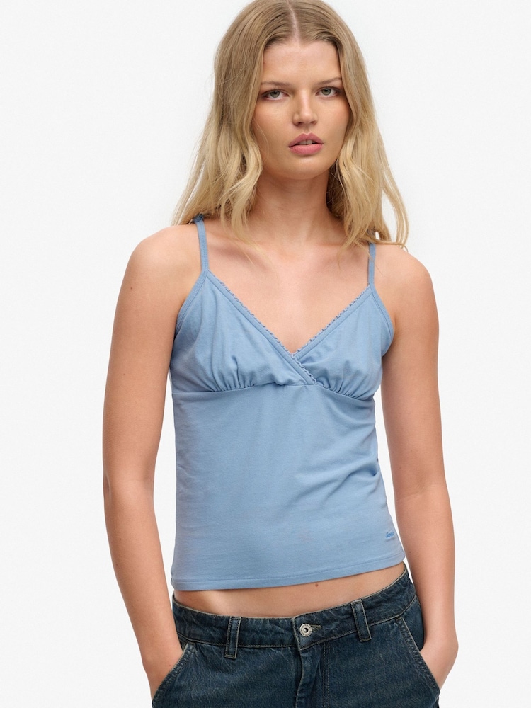 Superdry Blue Athletic Essentials Trim V-Neck Vest Top - Image 1 of 7 Superdry Blue Athletic Essentials Trim V-Neck Vest Top - Image 1 of 7