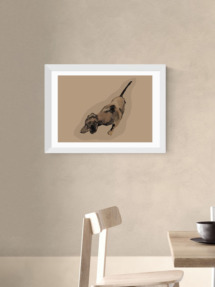 East End Prints White Sausage Dog Brown Wall Art Print by Cartissi - Image 1 of 2 East End Prints White Sausage Dog Brown Wall Art Print by Cartissi - Image 1 of 2