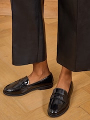 Love & Roses Black Wide Fit Patent Faux Shiny Leather Scallop Slip-On Loafers - Image 1 of 6