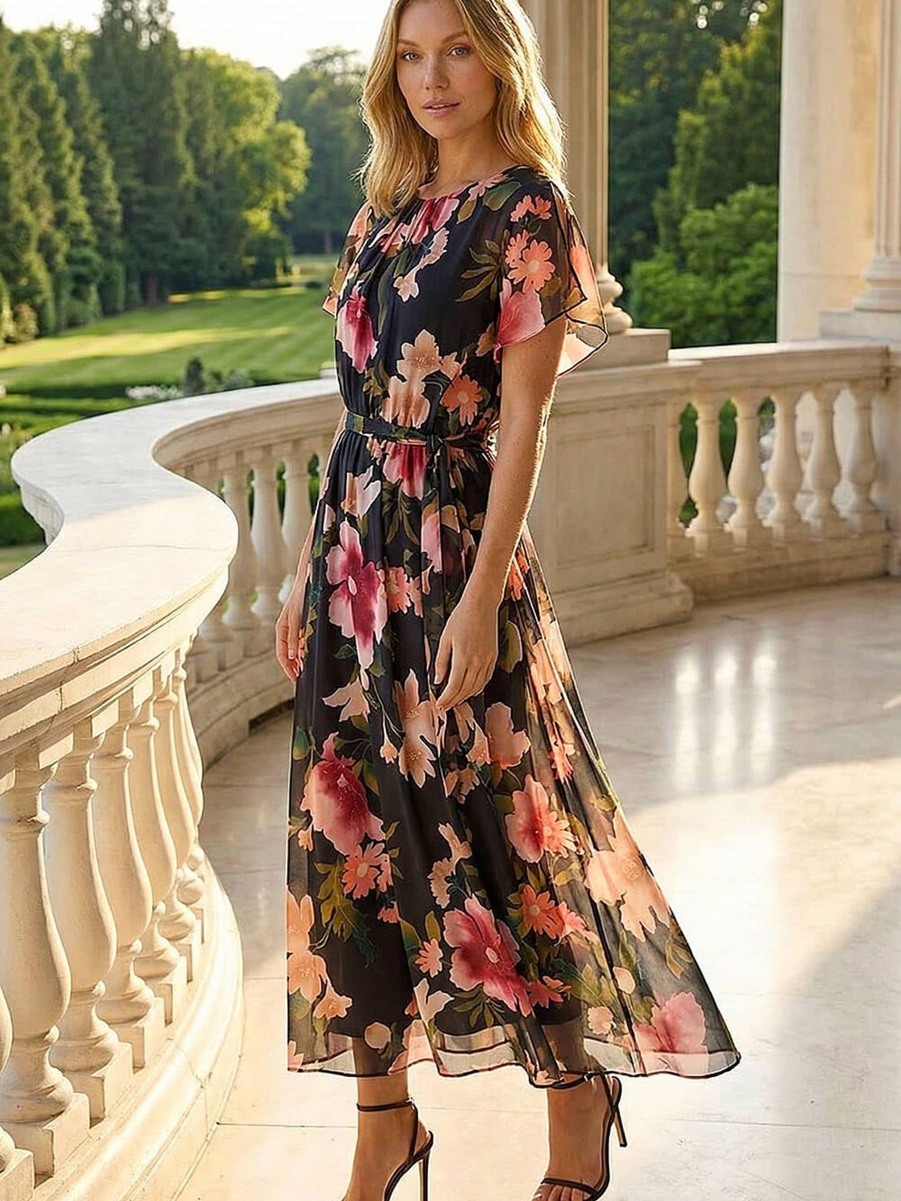 Roman Women's Black Floral Split Sleeve Midi Dress - Image 1