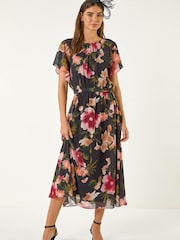 Roman Black Floral Split Sleeve Midi Dress - Image 1 of 5