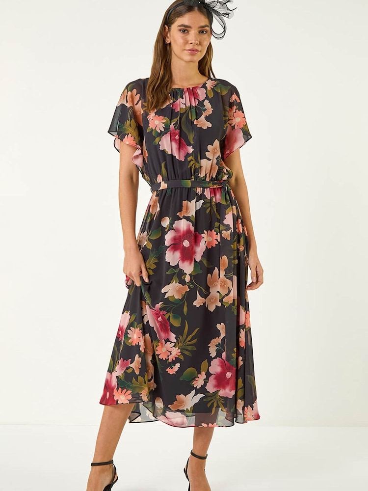 Roman Black Floral Split Sleeve Midi Dress - Image 1 of 5