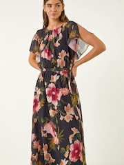 Roman Black Floral Split Sleeve Midi Dress - Image 2 of 5