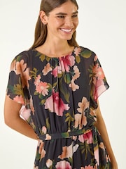 Roman Black Floral Split Sleeve Midi Dress - Image 4 of 5