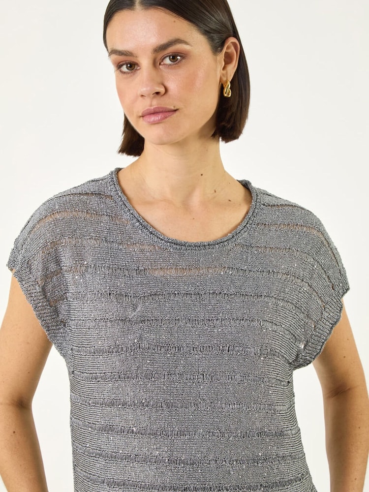 Roman Grey Sequin Stripe Knitted Top - Image 1 of 2