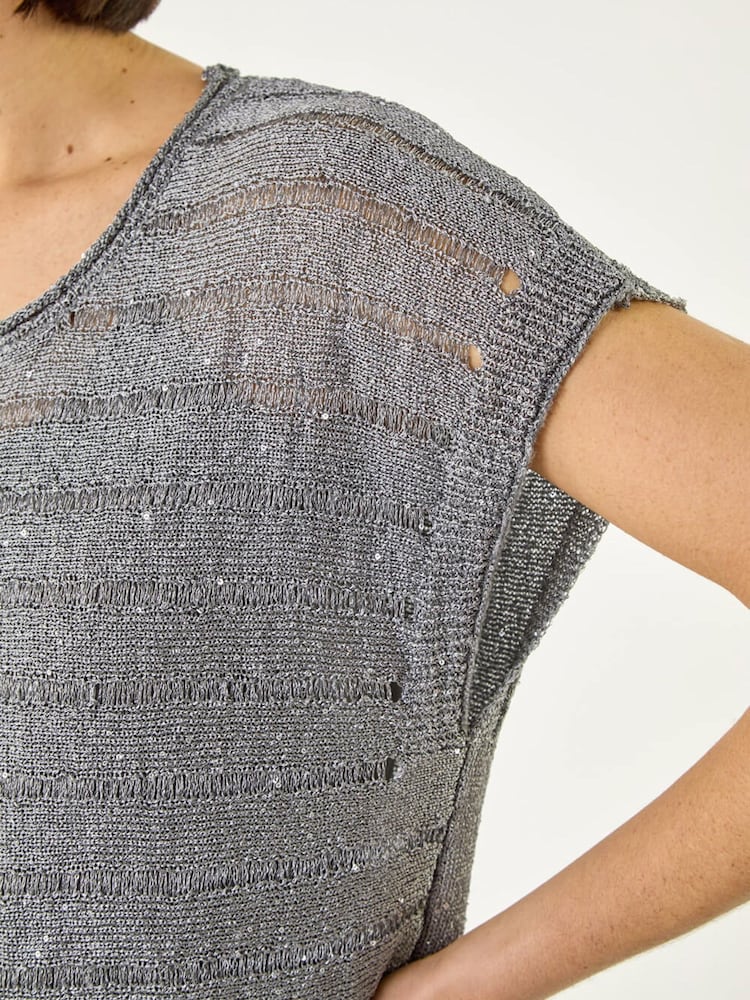 Roman Grey Sequin Stripe Knitted Top - Image 5 of 5
