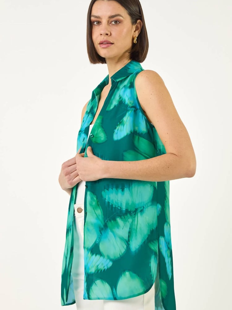 Roman Green Butterfly Print V-Neck Blouse - Image 1 of 5