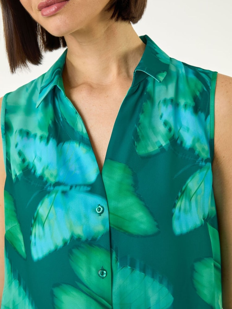 Roman Green Butterfly Print V-Neck Blouse - Image 5 of 5