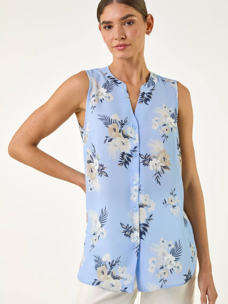 Roman Blue Floral Print Longline Blouse - Image 2 of 5 Roman Blue Floral Print Longline Blouse - Image 2 of 5