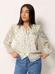 M&Co Cream Petite Floral Ruffle Tie Neck Blouse - Image 1 of 5
