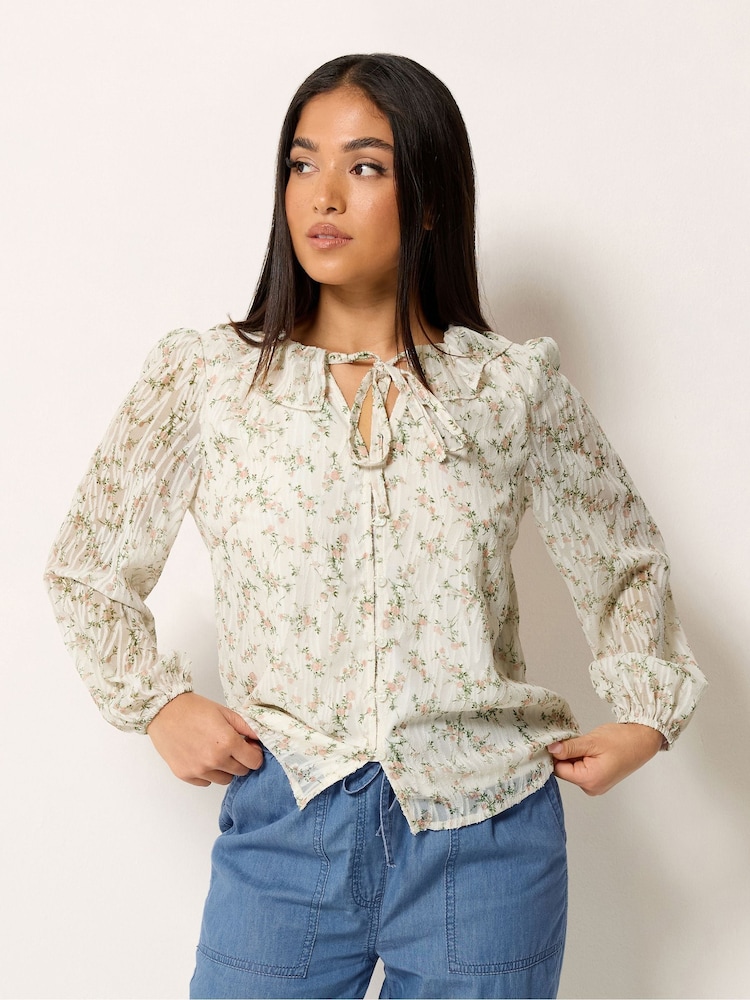 M&Co Cream Petite Floral Ruffle Tie Neck Blouse - Image 1 of 5 M&Co Cream Petite Floral Ruffle Tie Neck Blouse - Image 1 of 5