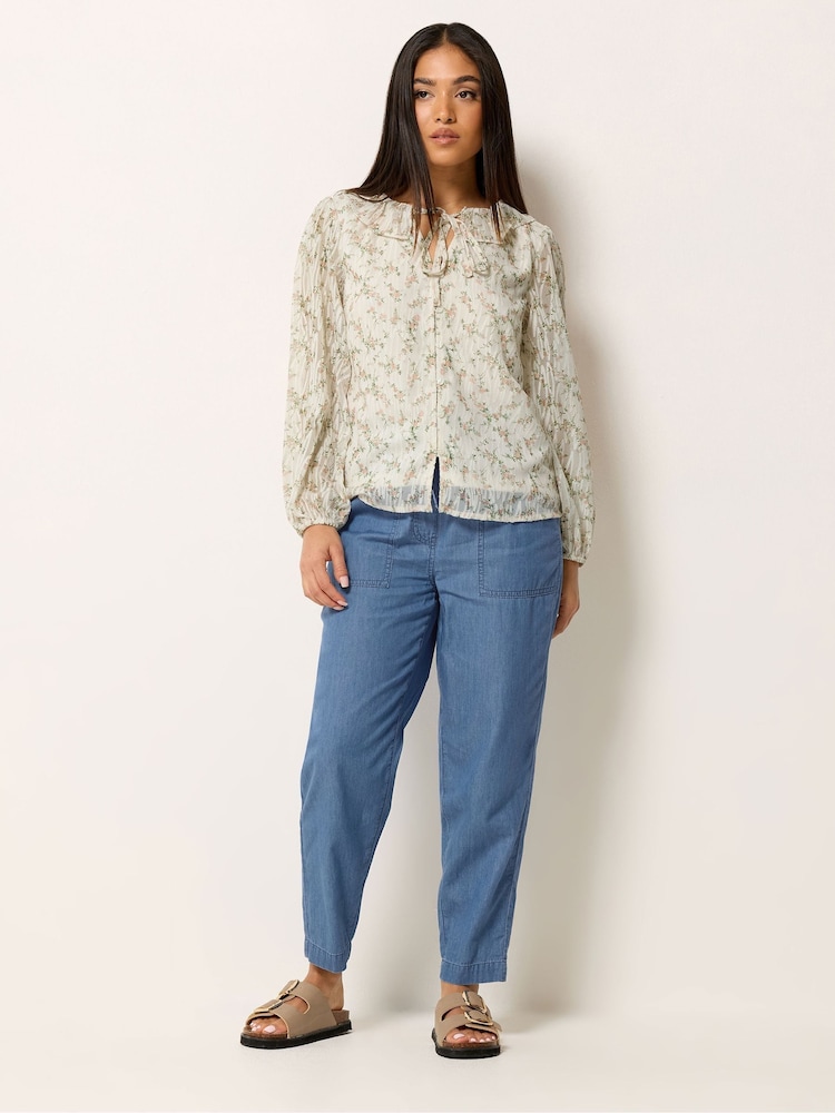 M&Co Cream Petite Floral Ruffle Tie Neck Blouse - Image 2 of 5 M&Co Cream Petite Floral Ruffle Tie Neck Blouse - Image 2 of 5