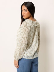M&Co Cream Petite Floral Ruffle Tie Neck Blouse - Image 3 of 5