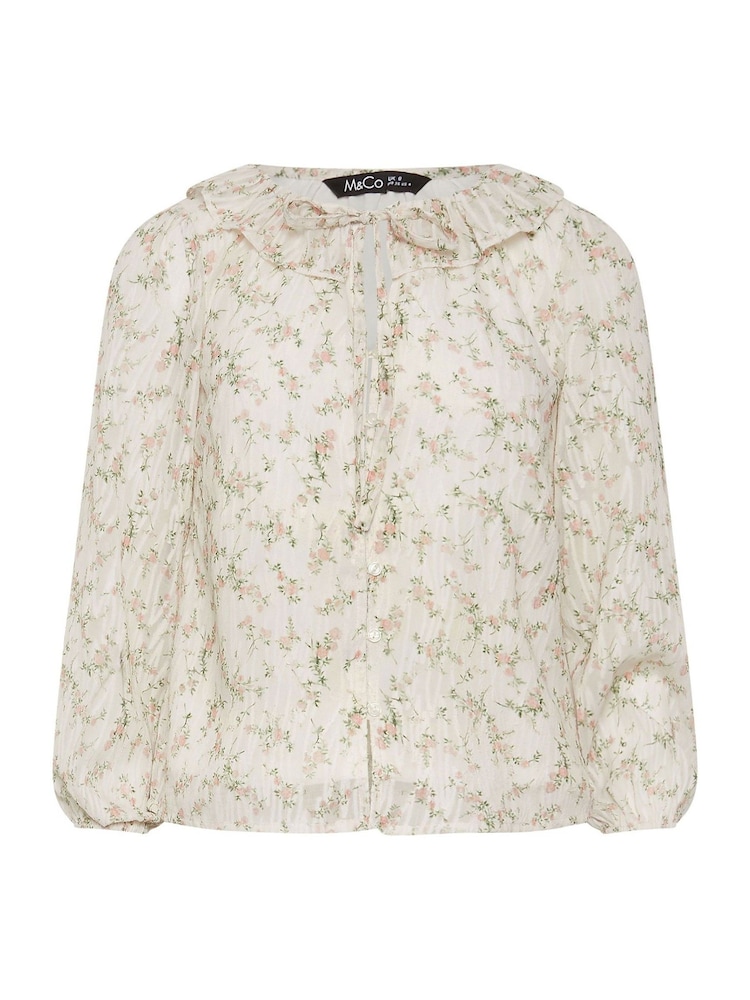 M&Co Cream Petite Floral Ruffle Tie Neck Blouse - Image 5 of 5 M&Co Cream Petite Floral Ruffle Tie Neck Blouse - Image 5 of 5