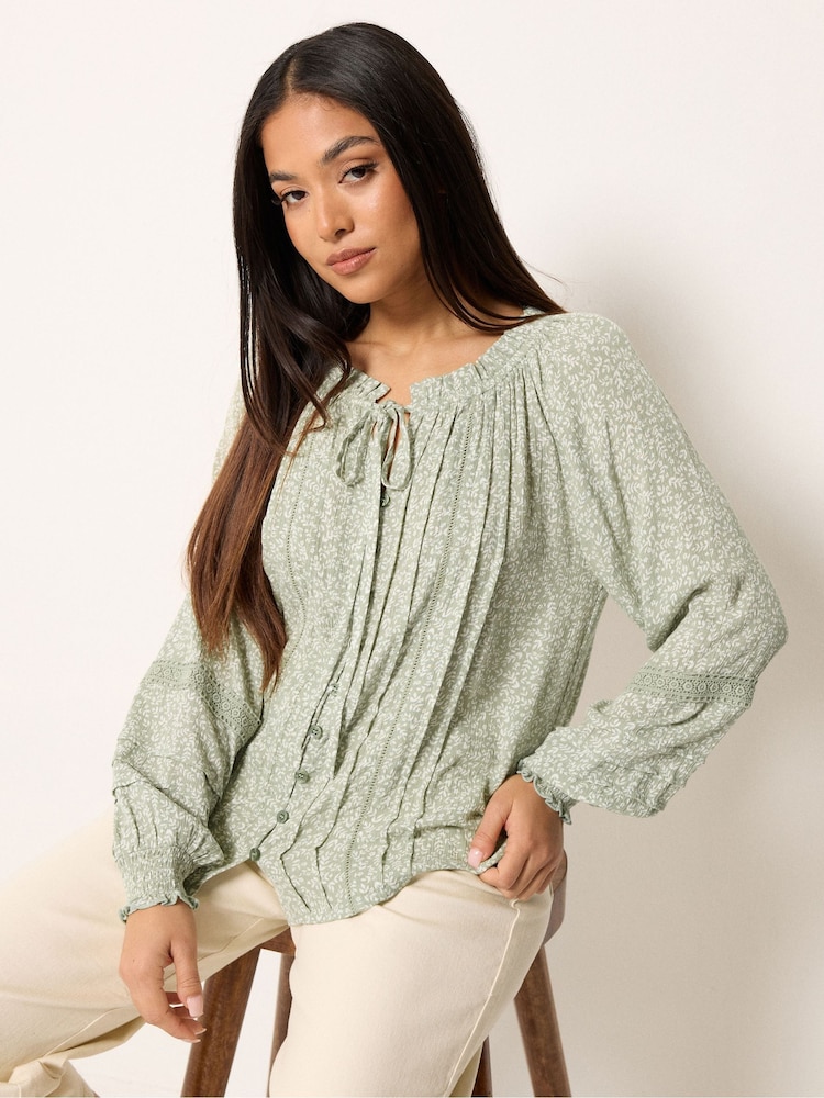 M&Co Green Petite Floral Trim Detail Tie Neck Blouse - Image 1 of 5
