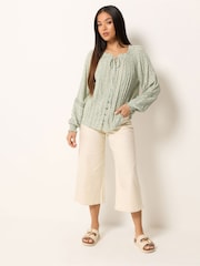 M&Co Green Petite Floral Trim Detail Tie Neck Blouse - Image 2 of 5