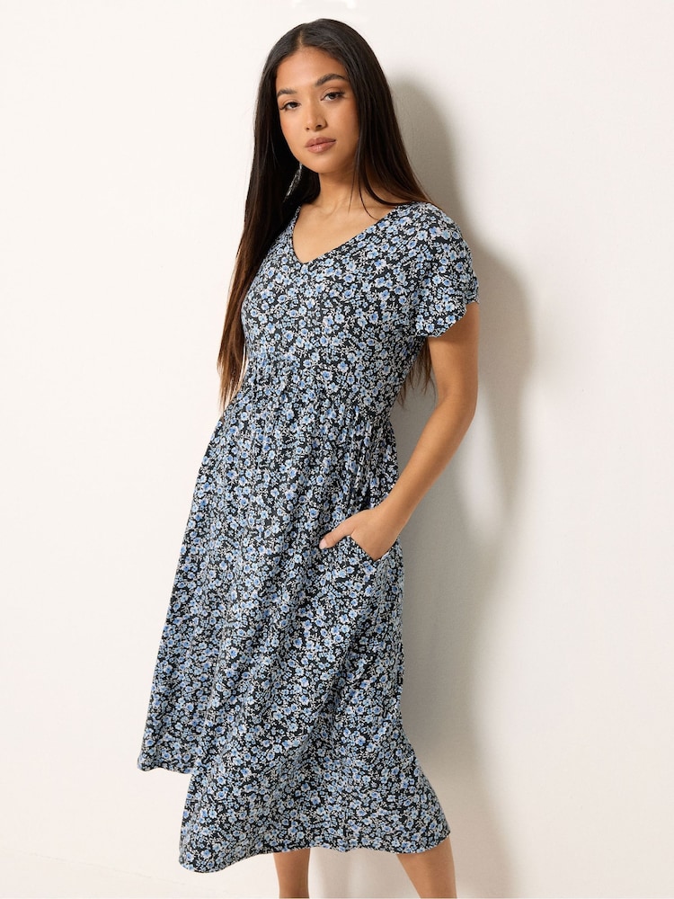 M&Co Black Petite Floral V-Neck Midi Dress - Image 1 of 5