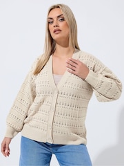 Yours Curve Natural Limited Crochet Balloon Sleeve Cardigan - Image 1 of 5