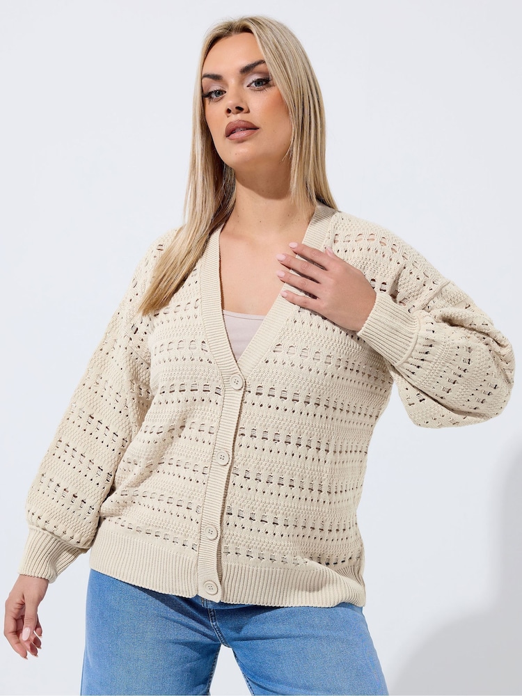 Yours Curve Natural Limited Crochet Balloon Sleeve Cardigan - Image 1 of 5
