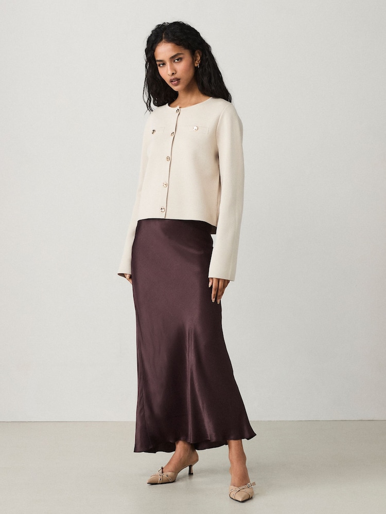 Chocolate Brown Satin Midi Skirt - Image 1 of 8 Chocolate Brown Satin Midi Skirt - Image 1 of 8