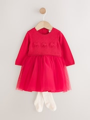 Red Twofer Knit & Mesh Baby Dress & Tights Set 2 Piece (0mths-2yrs) - Image 1 of 5