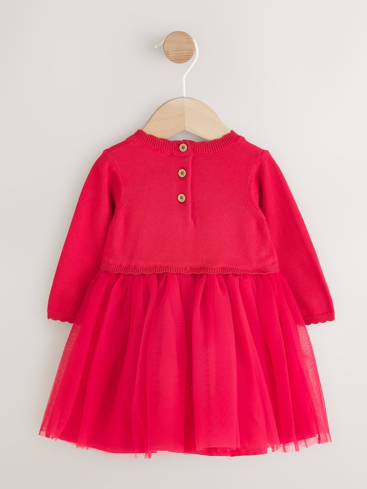 Red Twofer Knit & Mesh Baby Dress & Tights Set 2 Piece (0mths-2yrs) - Image 2 of 5 Red Twofer Knit & Mesh Baby Dress & Tights Set 2 Piece (0mths-2yrs) - Image 2 of 5