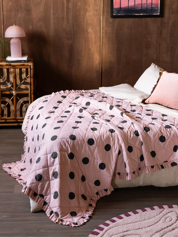 Rockett St George Pink Polka Dot Noir Cotton Frill Bedspread - Image 1 of 8
