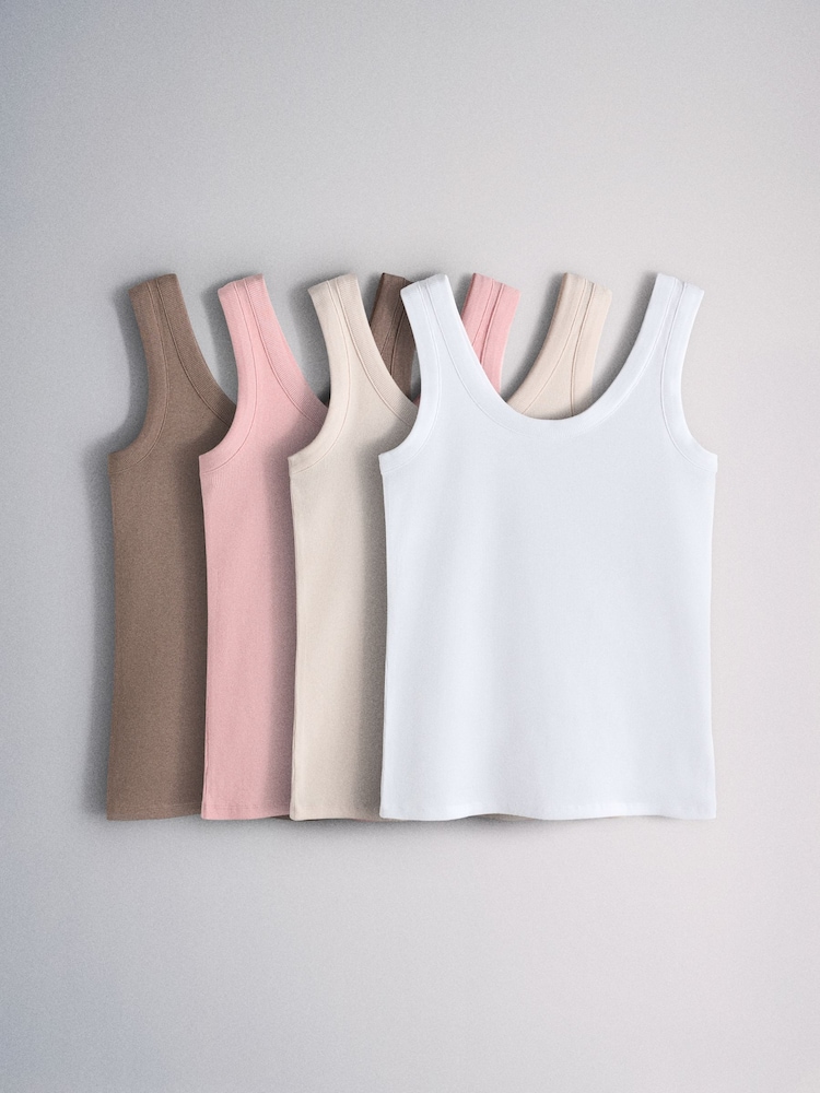The Set 4 Pack Scoop Rib Vests Pink/White/Brown - Image 1 of 7 The Set 4 Pack Scoop Rib Vests Pink/White/Brown - Image 1 of 7